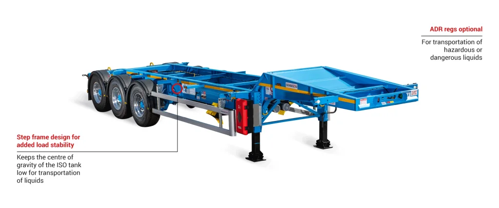 step frame iso tank skeletal trailer - front view